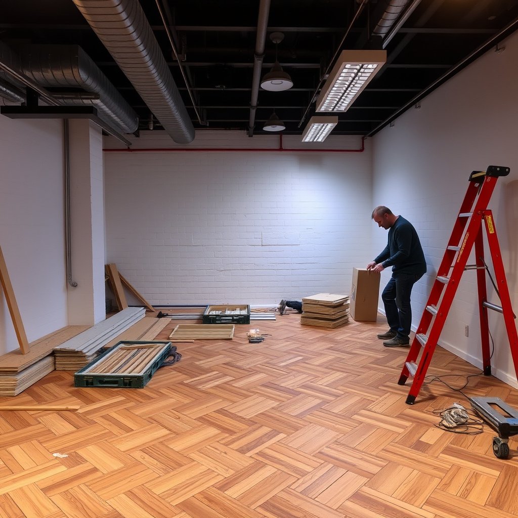 Correctly installing herringbone floor planks using adhesive and fastening methods as specified.