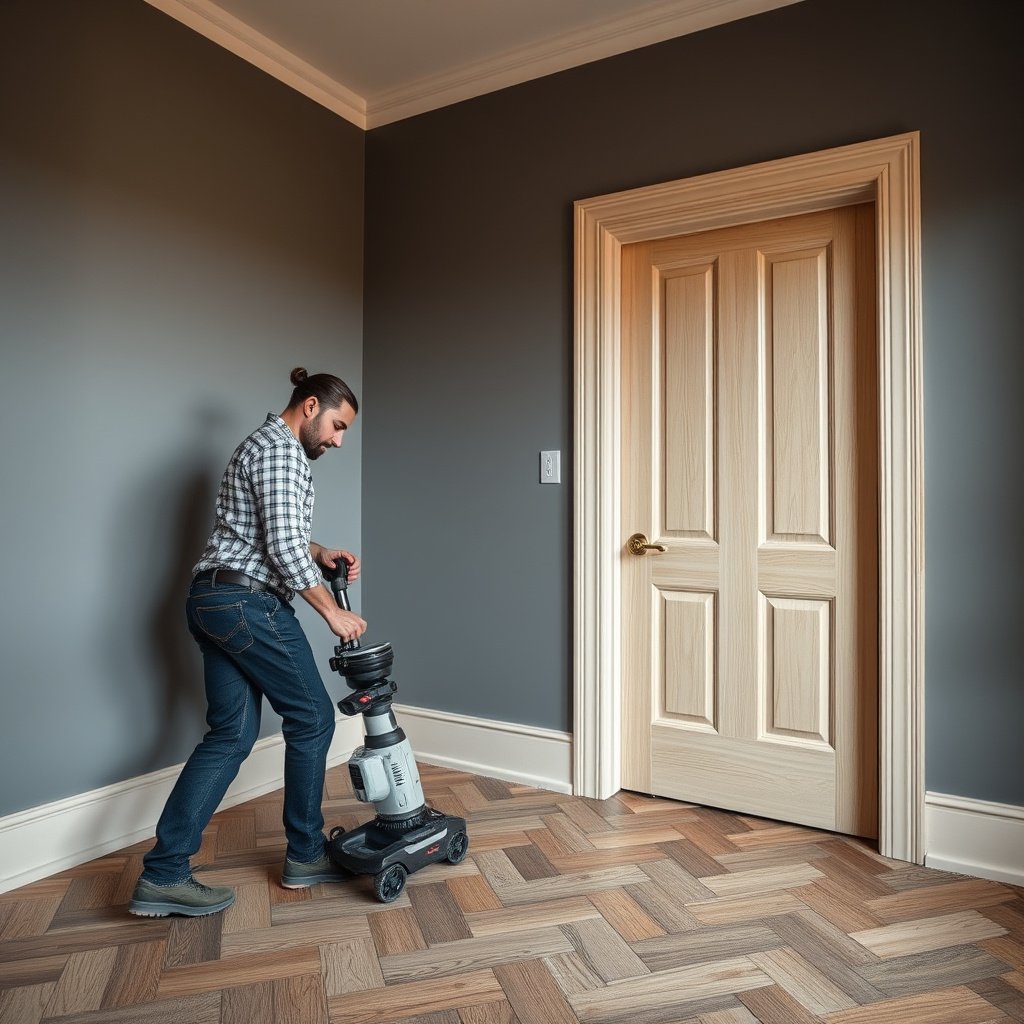 Herringbone floor planks installation around a door area, maintaining alignment and design integrity.