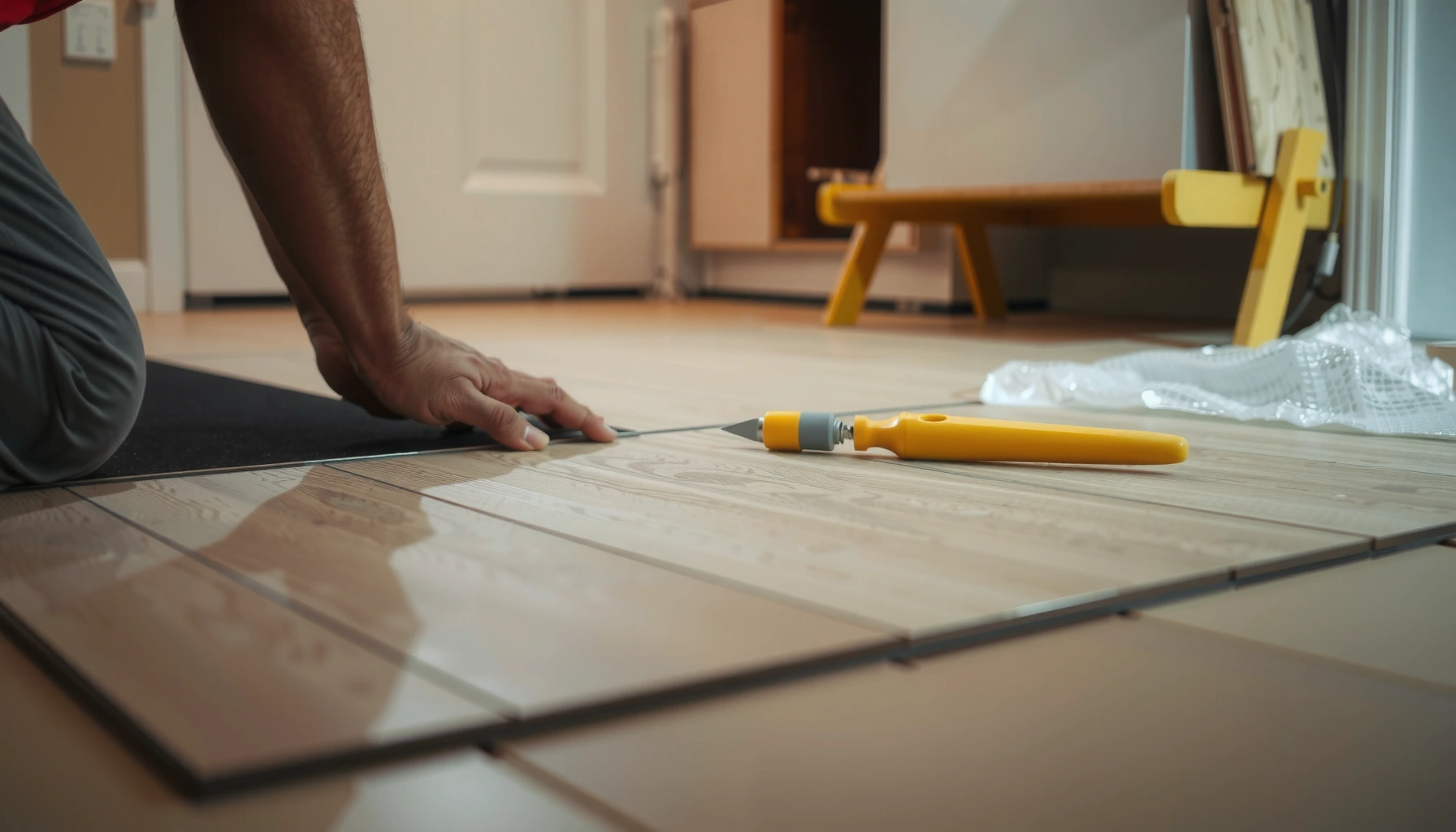 Step-by-step guide to installing kitchen basement floors with tools and materials shown