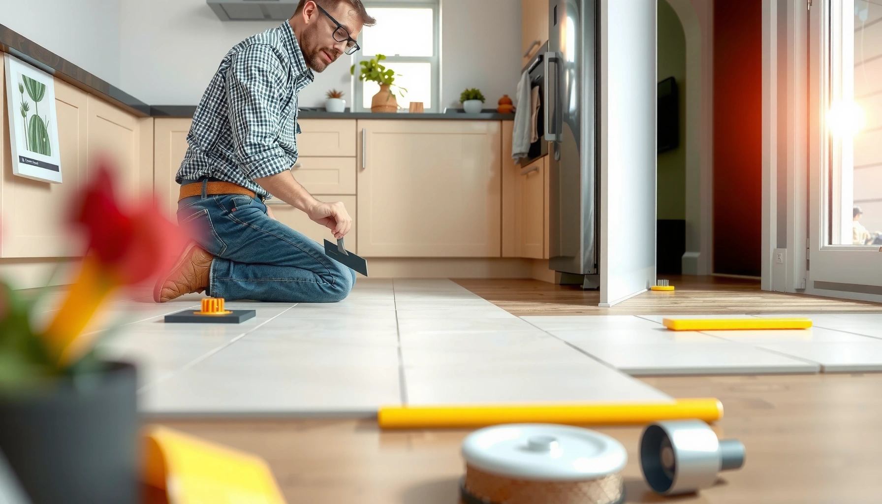 Step-by-step guide on how to install kitchen ceramic tile floors with tools and materials.