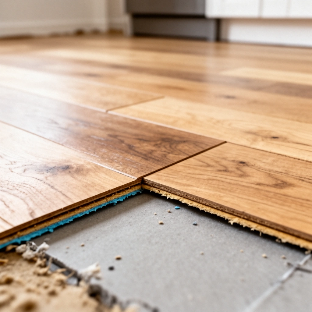 A step-by-step guide image showing how to install underlayment and set the first rows of kitchen flooring.