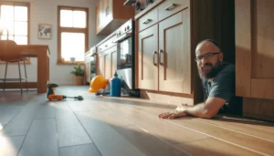 Step-by-step guide on installing kitchen floors around cabinets for a seamless look.