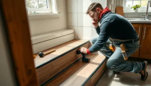 Step-by-step guide for installing kitchen floors around stairs with detailed visuals.