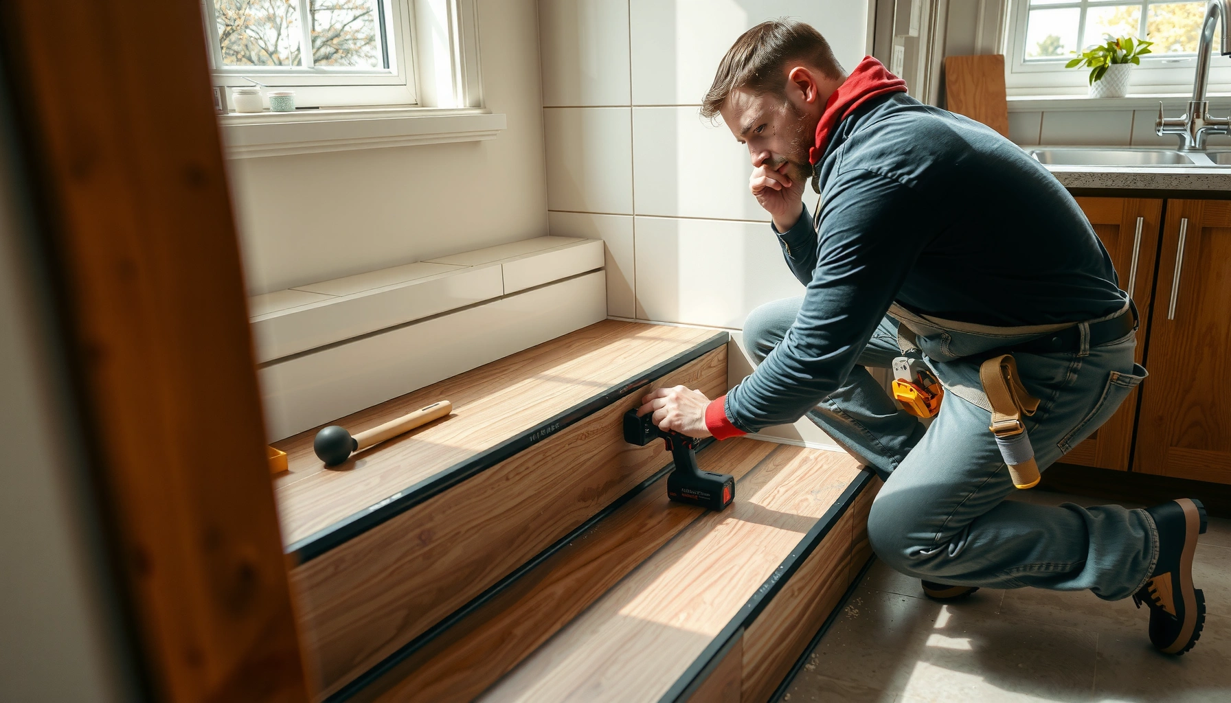 Step-by-step guide for installing kitchen floors around stairs with detailed visuals.