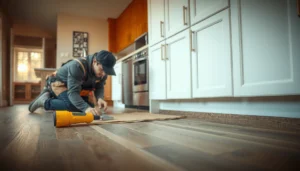 Step-by-step guide on how to install kitchen floors with tools and materials.