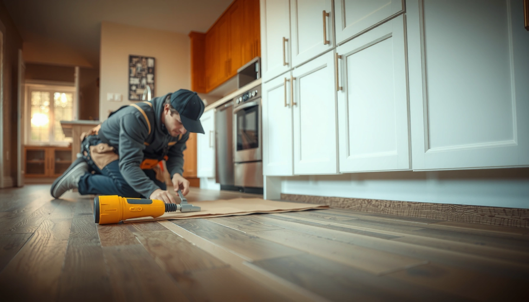 Step-by-step guide on how to install kitchen floors with tools and materials.