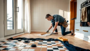 Step-by-step guide on how to install kitchen mosaic tile floors with tools and materials.