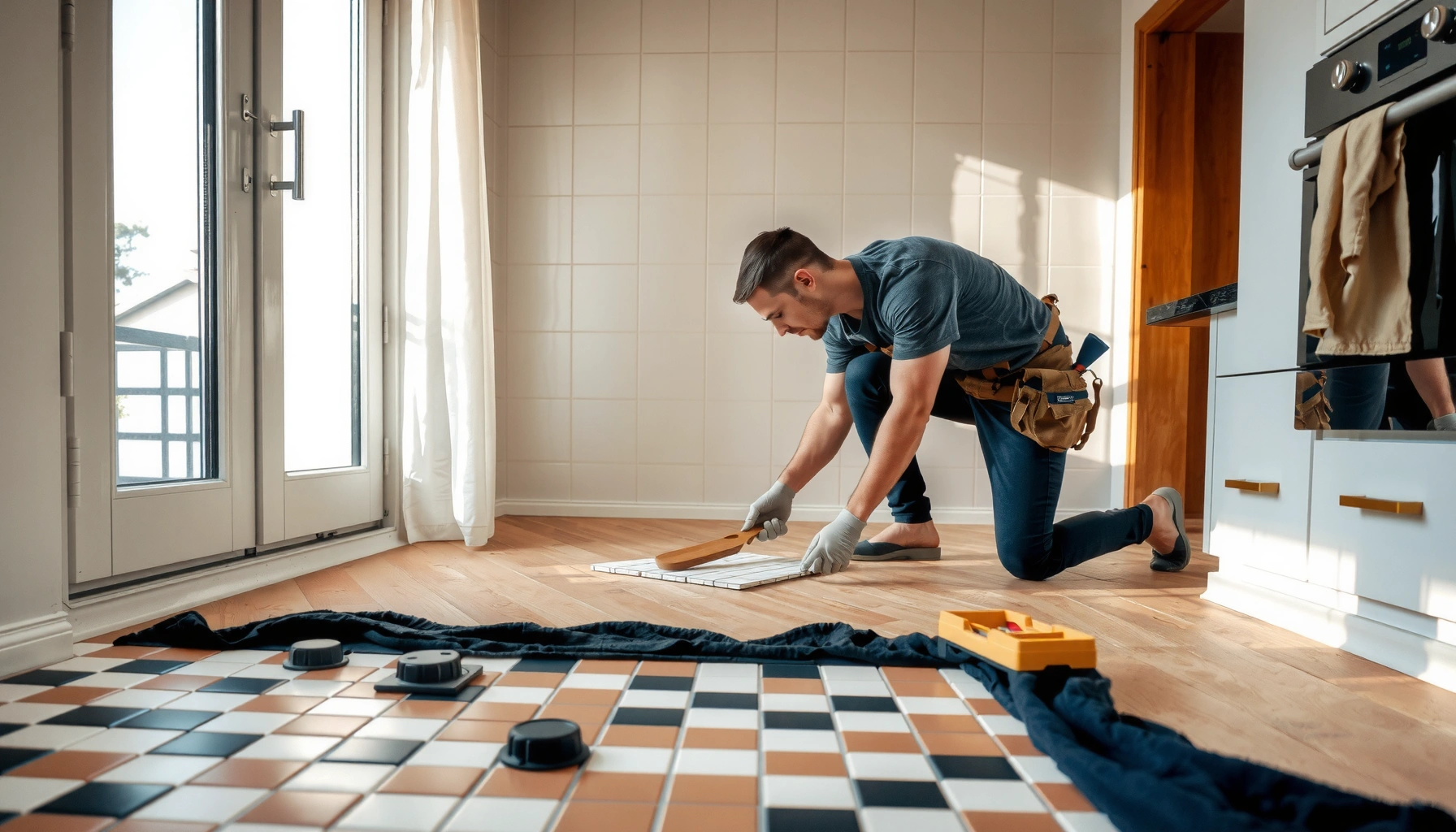 Step-by-step guide on how to install kitchen mosaic tile floors with tools and materials.