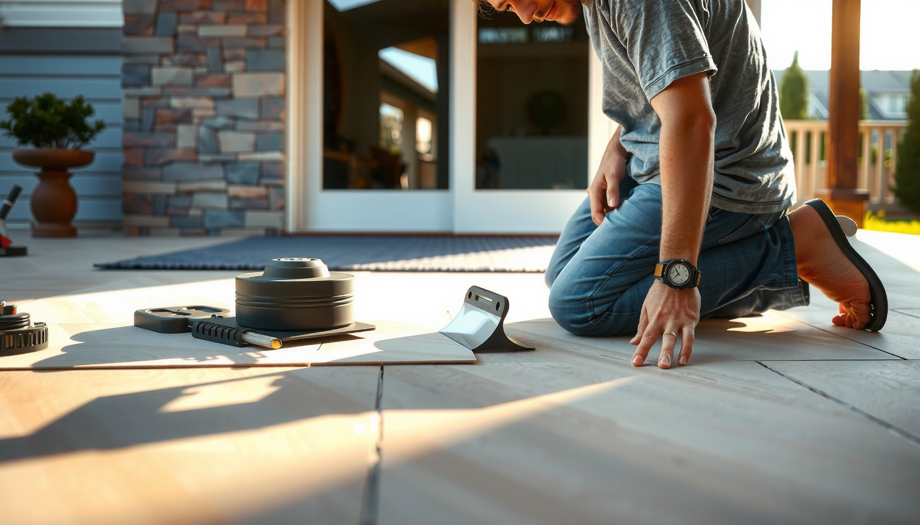 Step-by-step guide on how to install kitchen patio floors with tools and materials shown.
