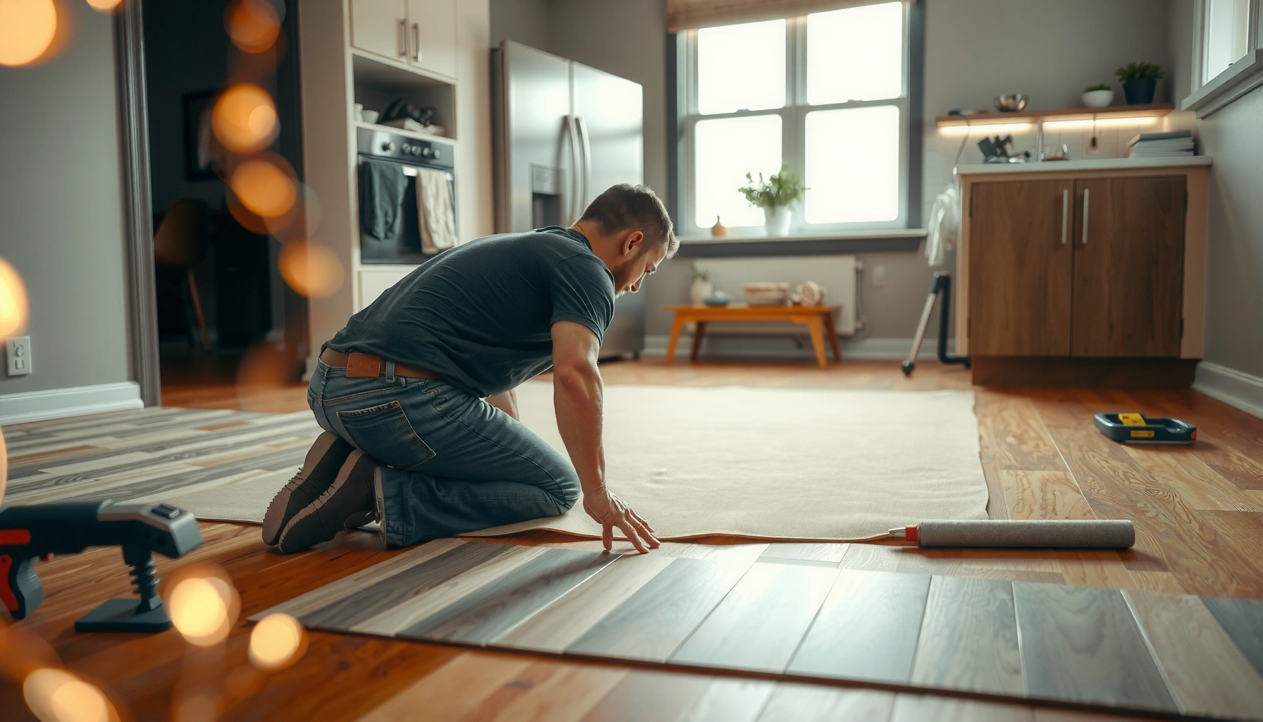 Step-by-step guide for installing kitchen sheet vinyl floors, showcasing tools and techniques.