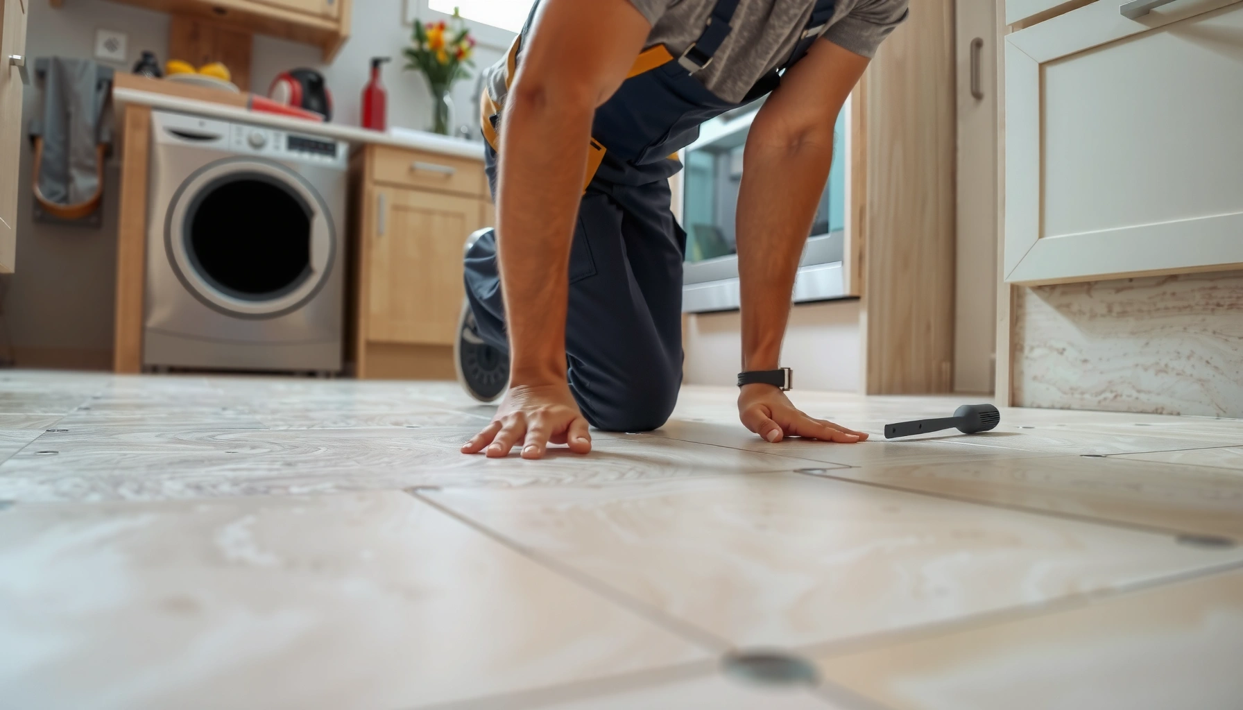 Step-by-step guide for installing kitchen travertine floors with tools and materials shown.