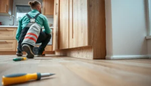 Step-by-step guide on how to install laminate floors around kitchen cabinets.