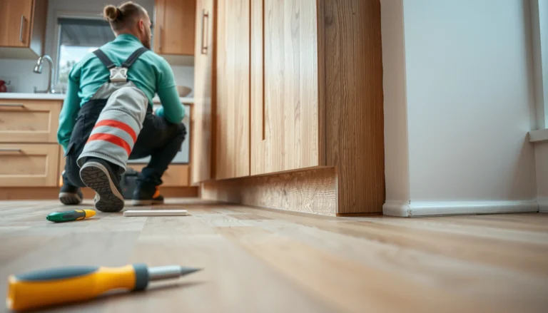 Step-by-step guide on how to install laminate floors around kitchen cabinets.