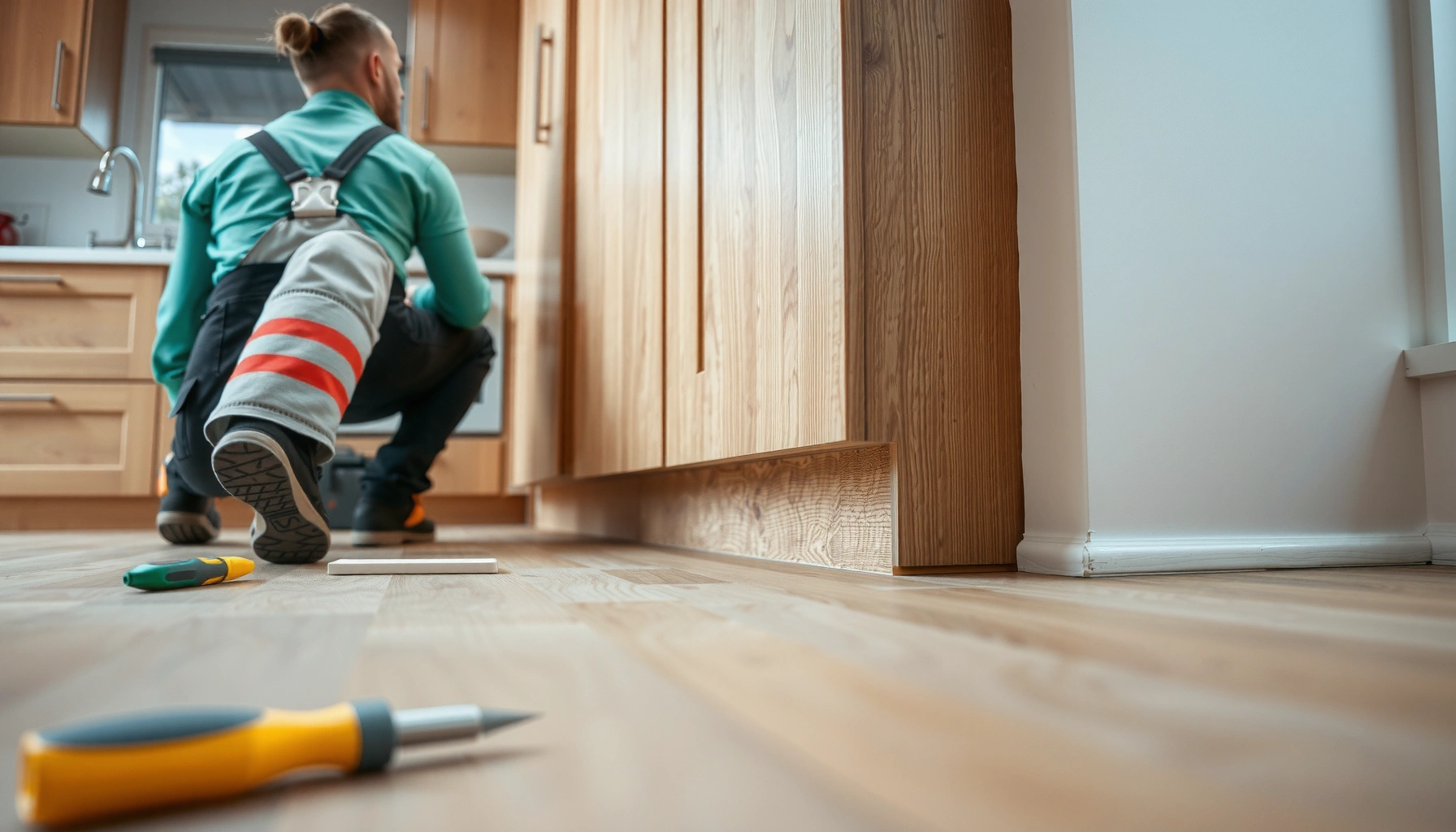 Step-by-step guide on how to install laminate floors around kitchen cabinets.