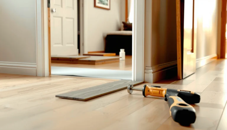 Step-by-step guide on installing laminate floors around doorways with tools and materials.