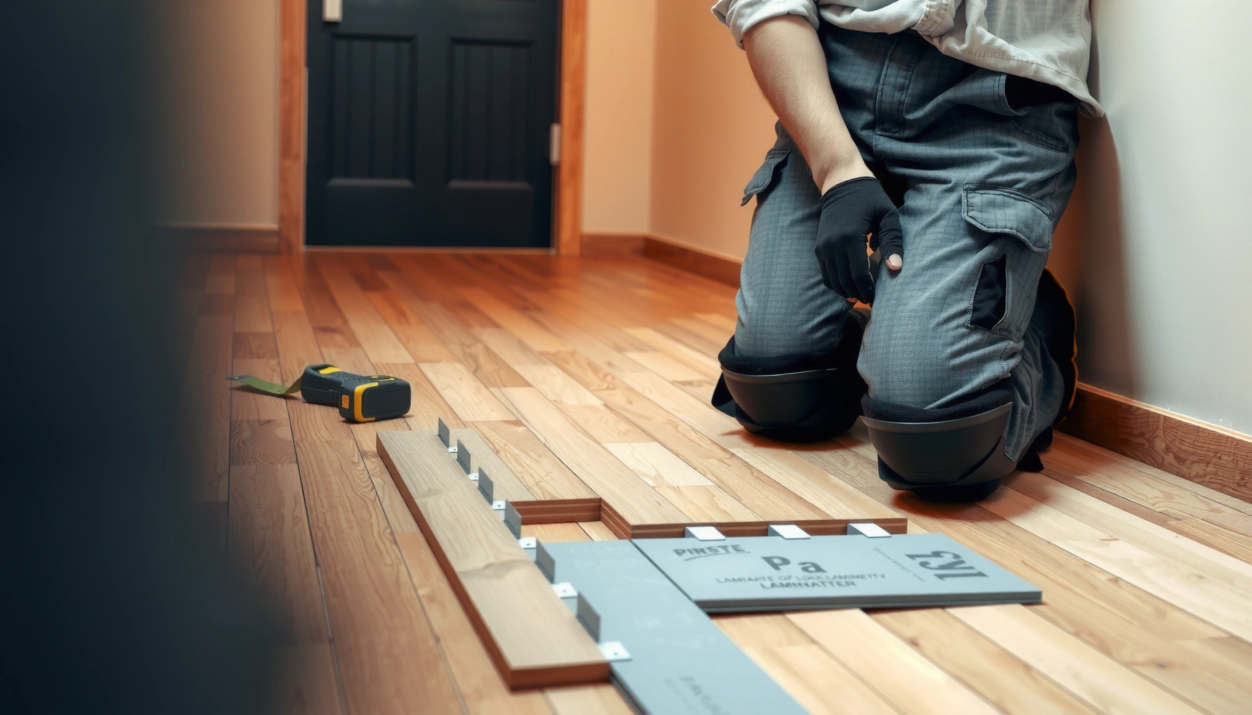 Step-by-step guide on how to install laminate floors with tools and materials shown.