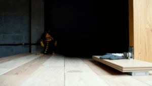 Step-by-step guide for installing laminate floors in a basement with tools and materials.