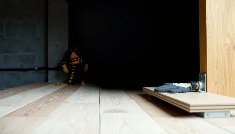 Step-by-step guide for installing laminate floors in a basement with tools and materials.