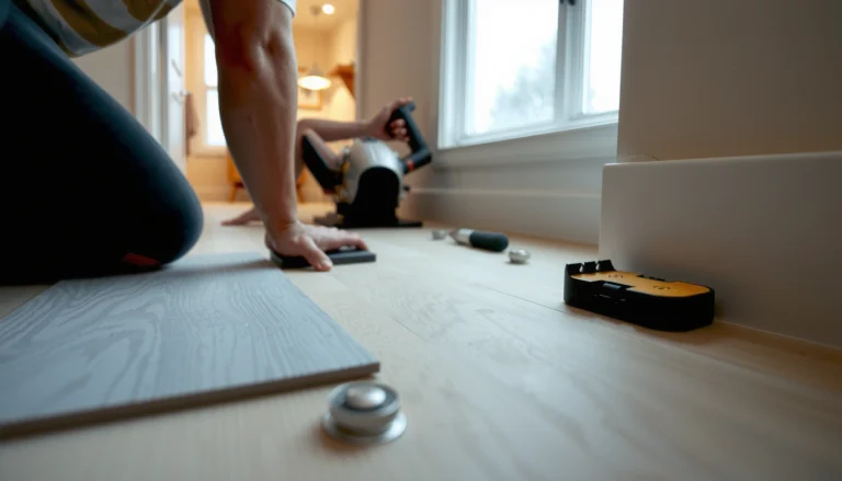 Step-by-step guide on installing laminate floors in a bathroom with tools and materials shown.