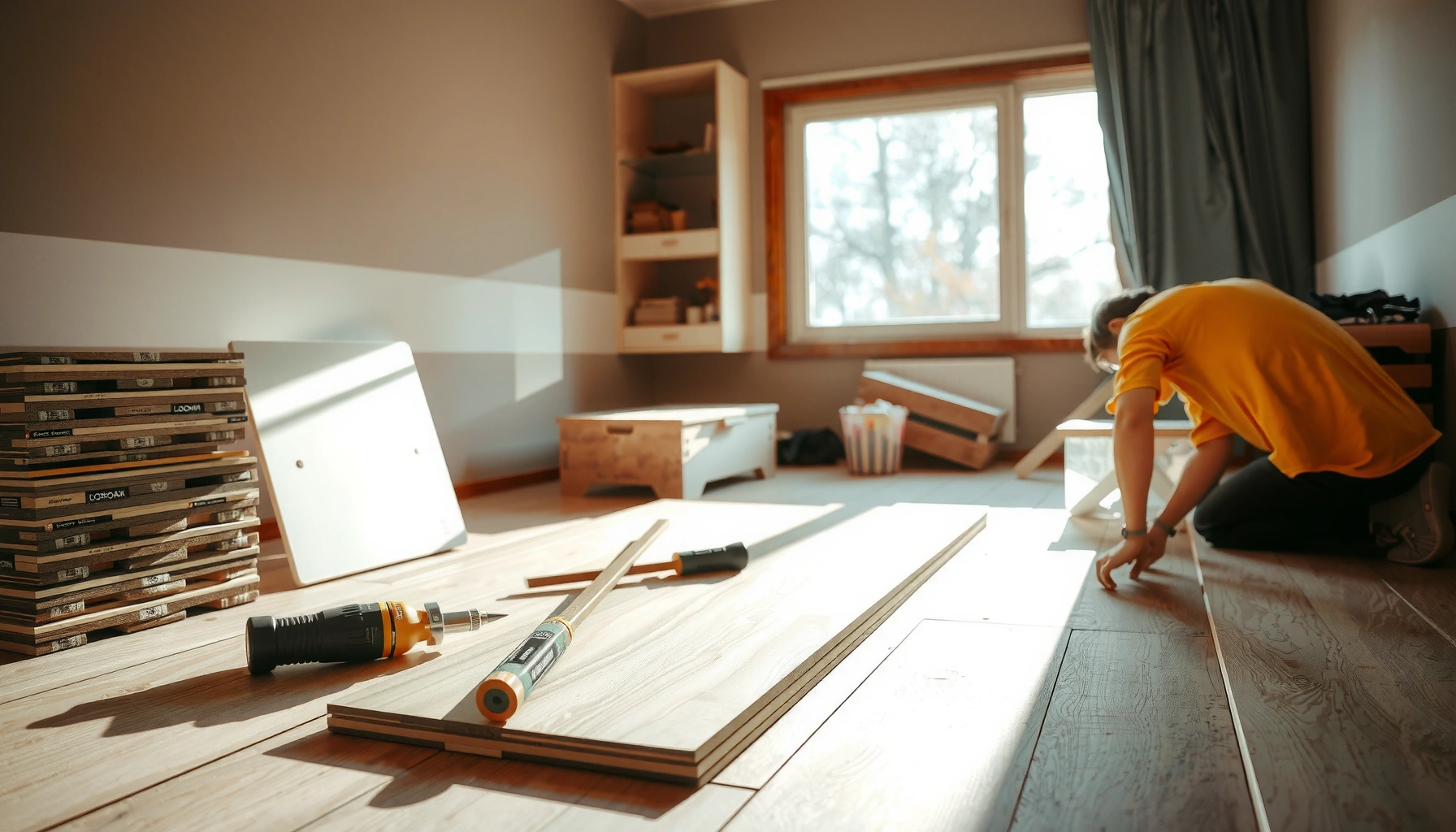 Step-by-step guide on how to install laminate floors in a bedroom setting.