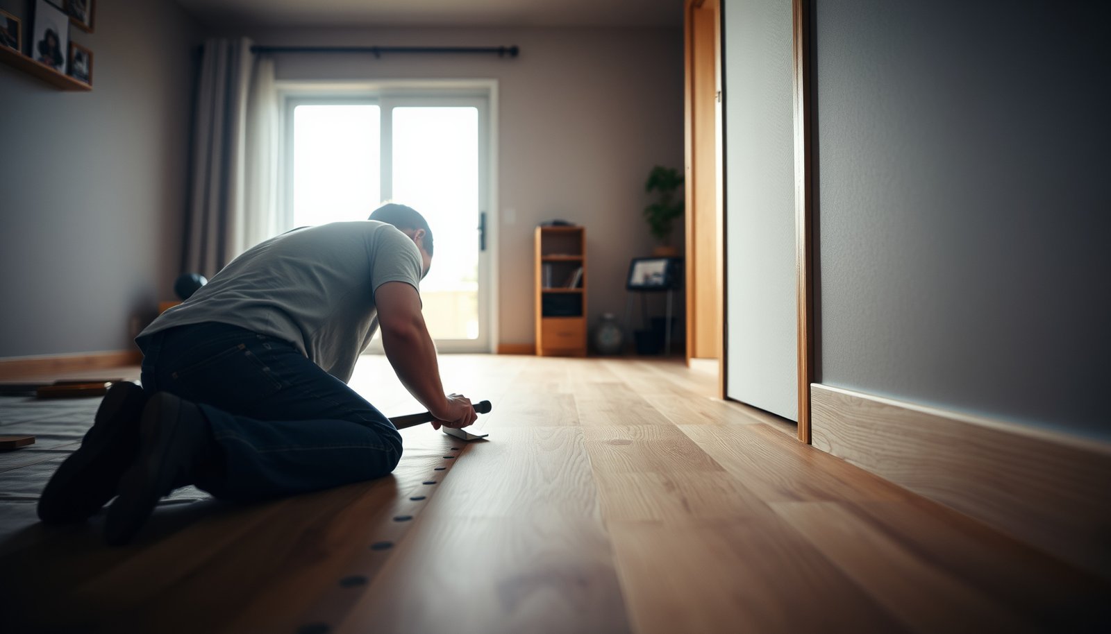 Step-by-step guide to installing laminate floors in a home office space.
