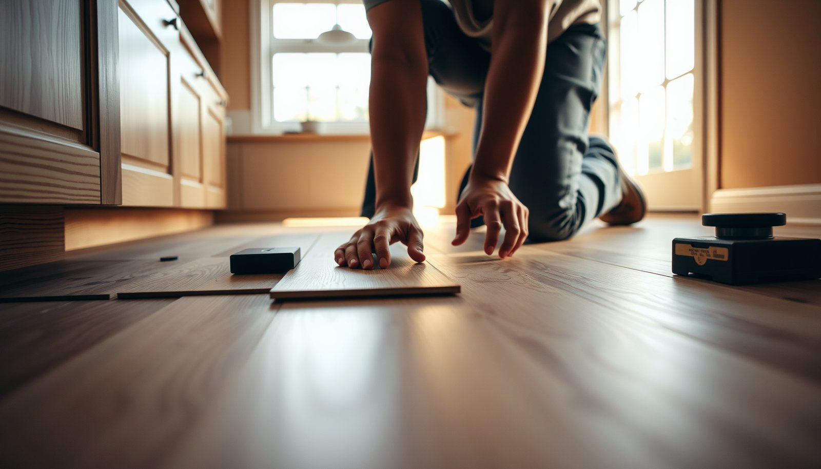 Step-by-step guide on how to install laminate floors in a kitchen setting.