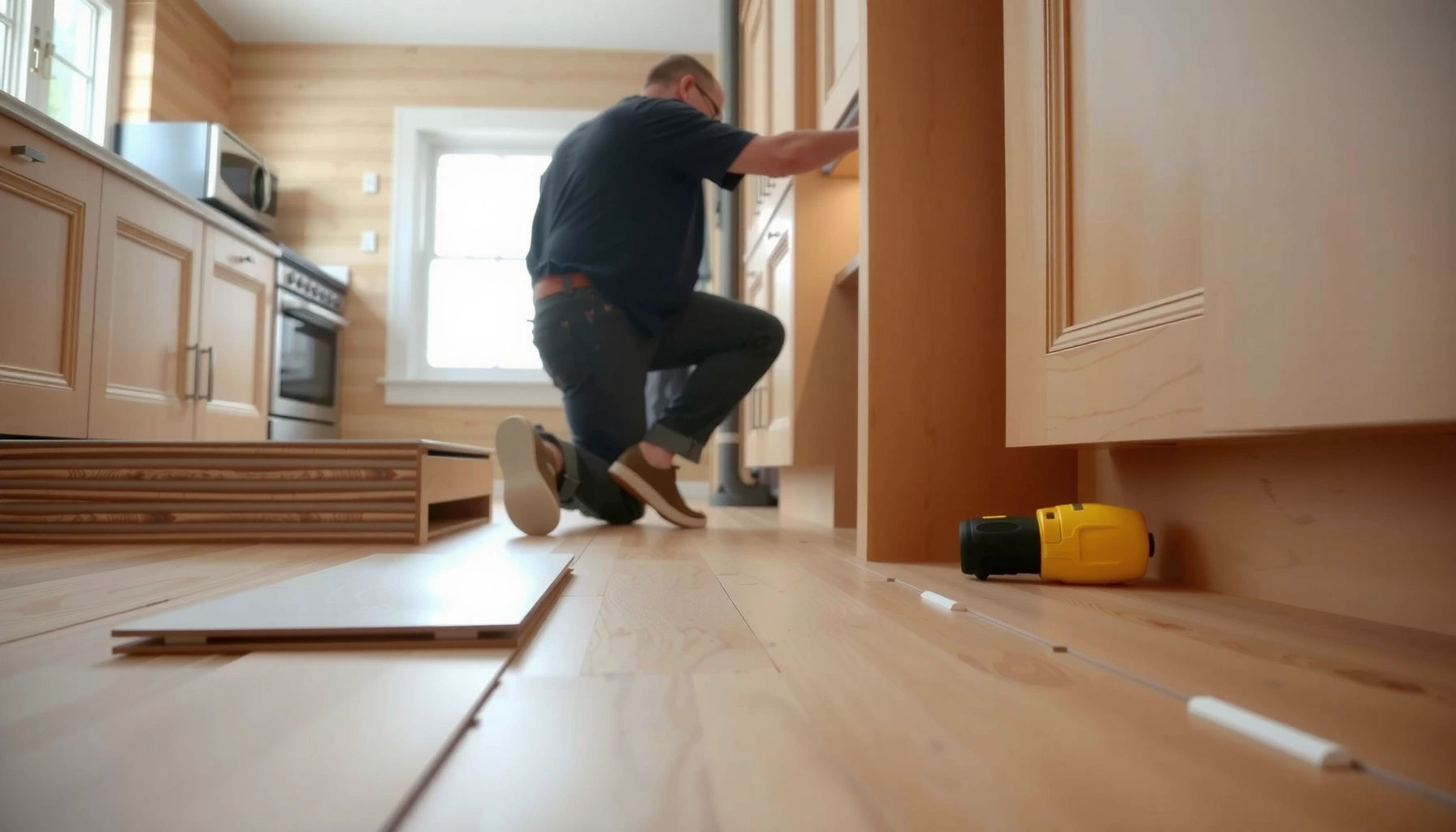 Step-by-step guide on how to install laminate floors in a kitchen setting.