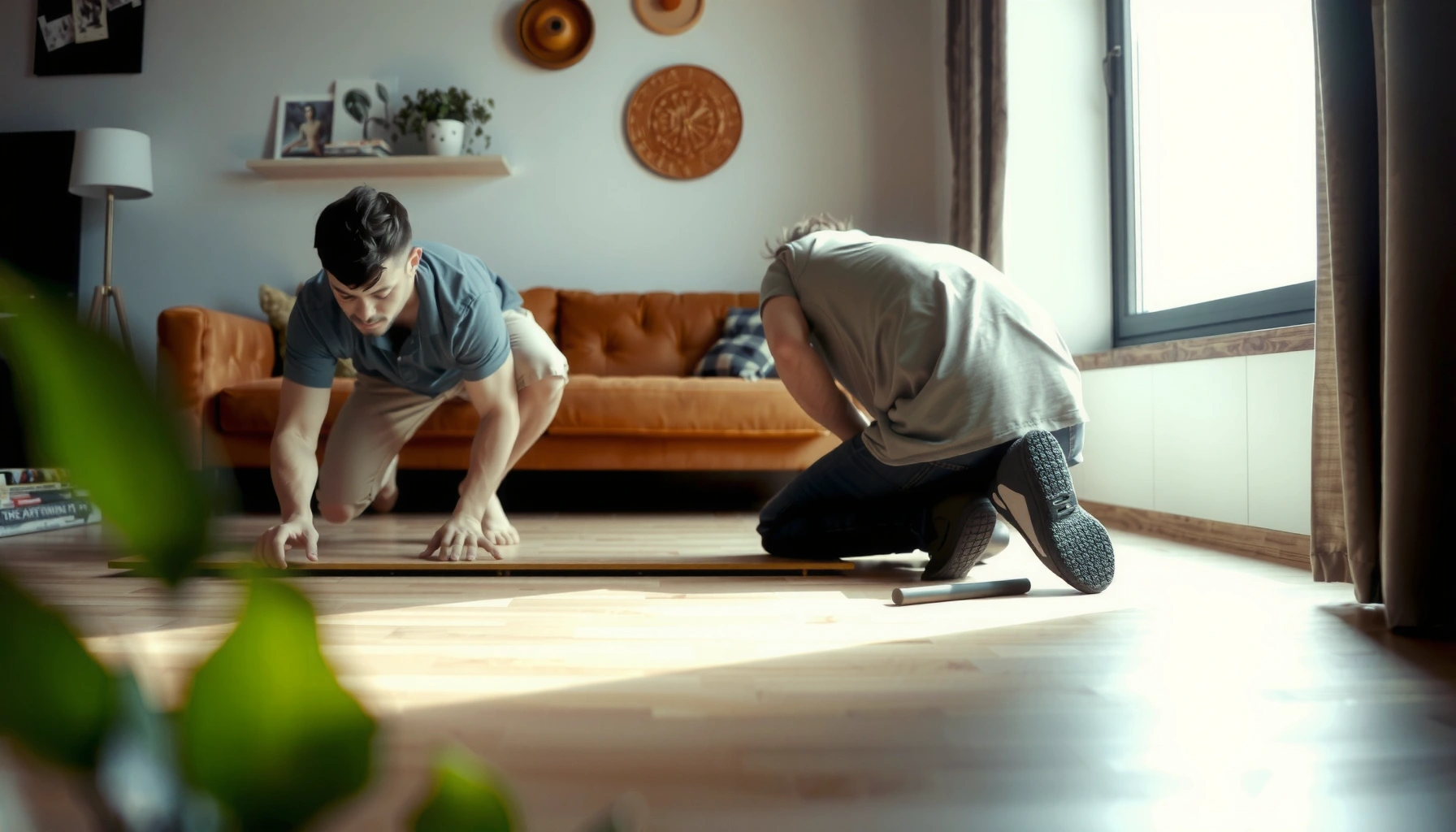 Step-by-step guide on how to install laminate floors in a living room setting.