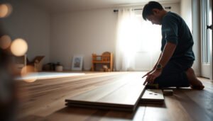 Step-by-step guide on installing laminate floors in a playroom, showcasing tools and techniques.