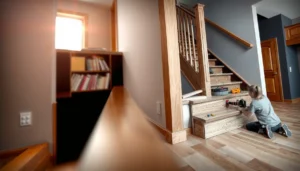 Step-by-step guide on installing laminate floors on stairs with tools and materials shown.