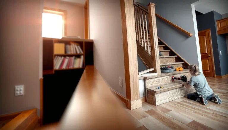 Step-by-step guide on installing laminate floors on stairs with tools and materials shown.