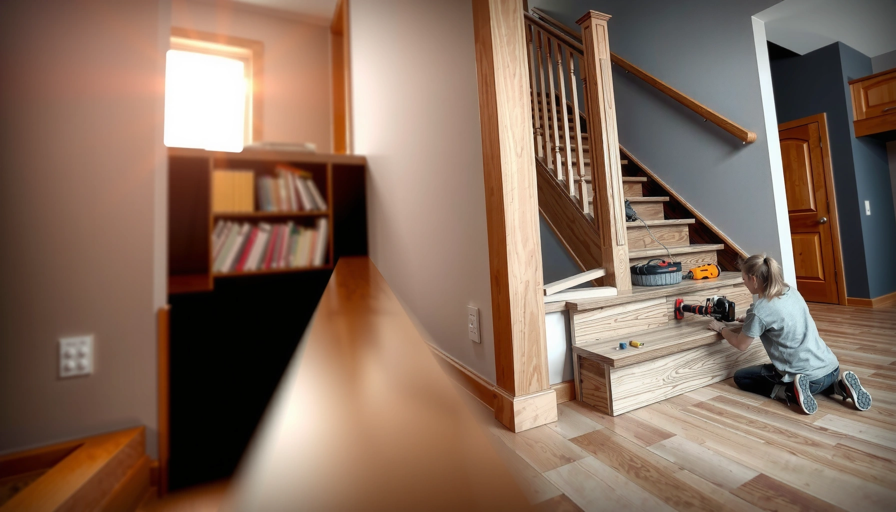 Step-by-step guide on installing laminate floors on stairs with tools and materials shown.