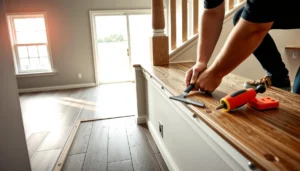 Step-by-step installation of LVT flooring around stairs for a seamless look.