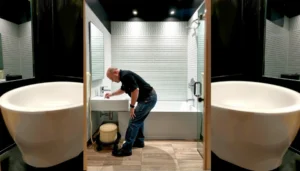 Step-by-step guide for installing LVT floors in a bathroom with tools and materials.
