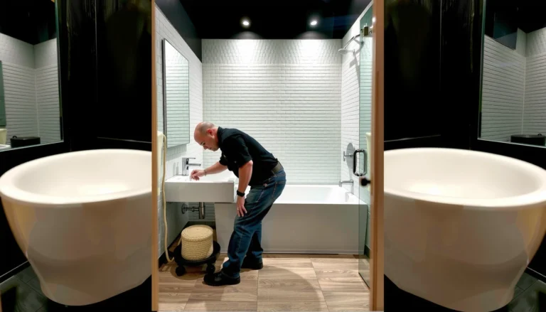 Step-by-step guide for installing LVT floors in a bathroom with tools and materials.