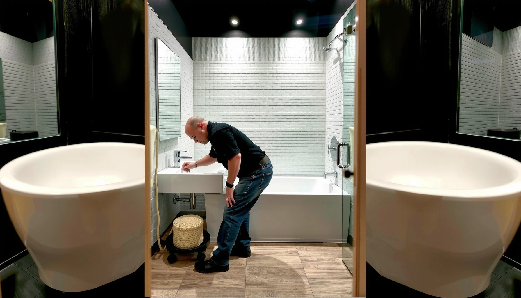 Step-by-step guide for installing LVT floors in a bathroom with tools and materials.