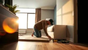 Step-by-step guide on how to install LVT floors in a bedroom, showcasing tools and materials needed.