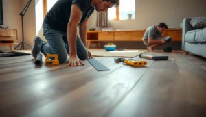 Step-by-step guide on how to install LVT floors in a living room with tools and materials.