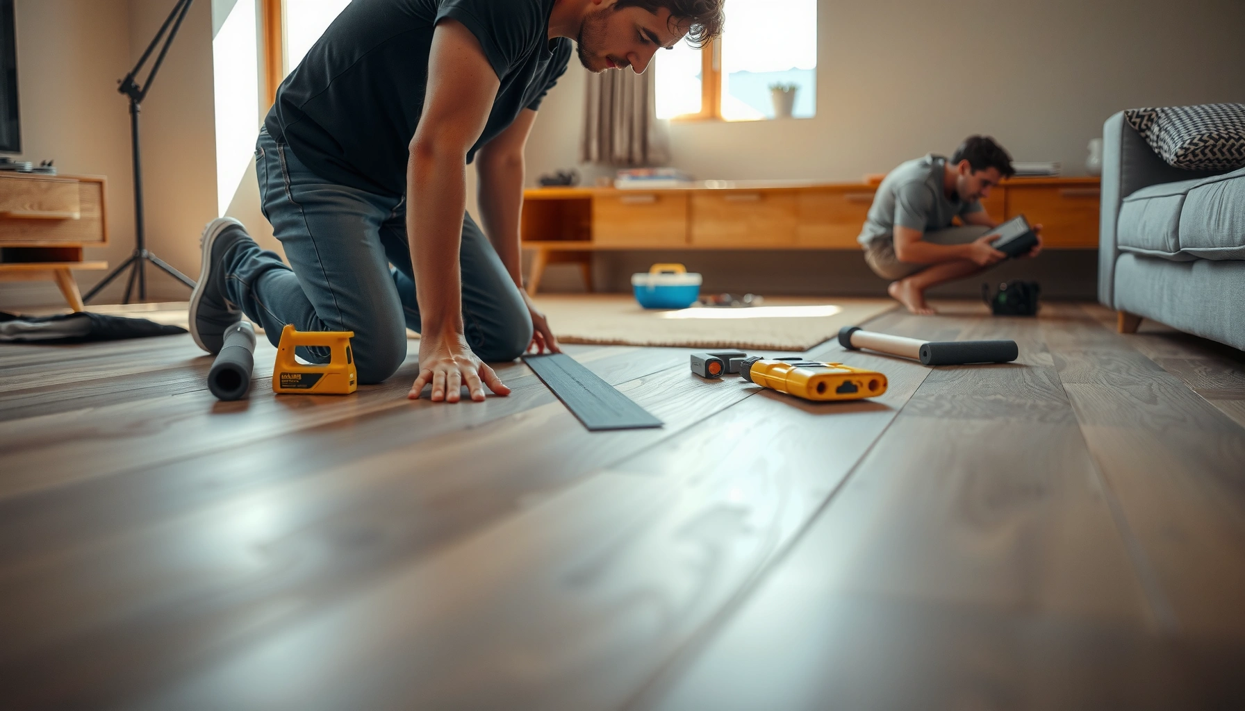 Step-by-step guide on how to install LVT floors in a living room with tools and materials.
