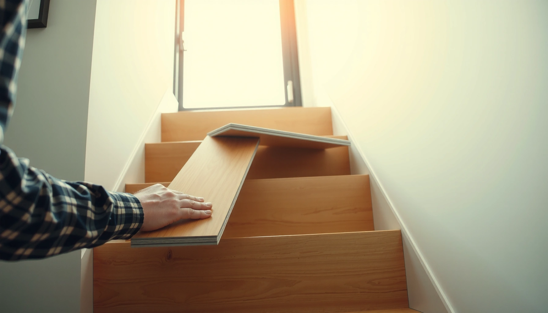 Step-by-step guide to installing LVT floors on stairs with tools and materials displayed.