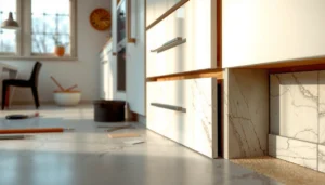 Step-by-step guide on installing marble floors around kitchen cabinets.