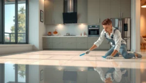 Step-by-step guide on how to install marble floors in a kitchen with tools and materials shown.