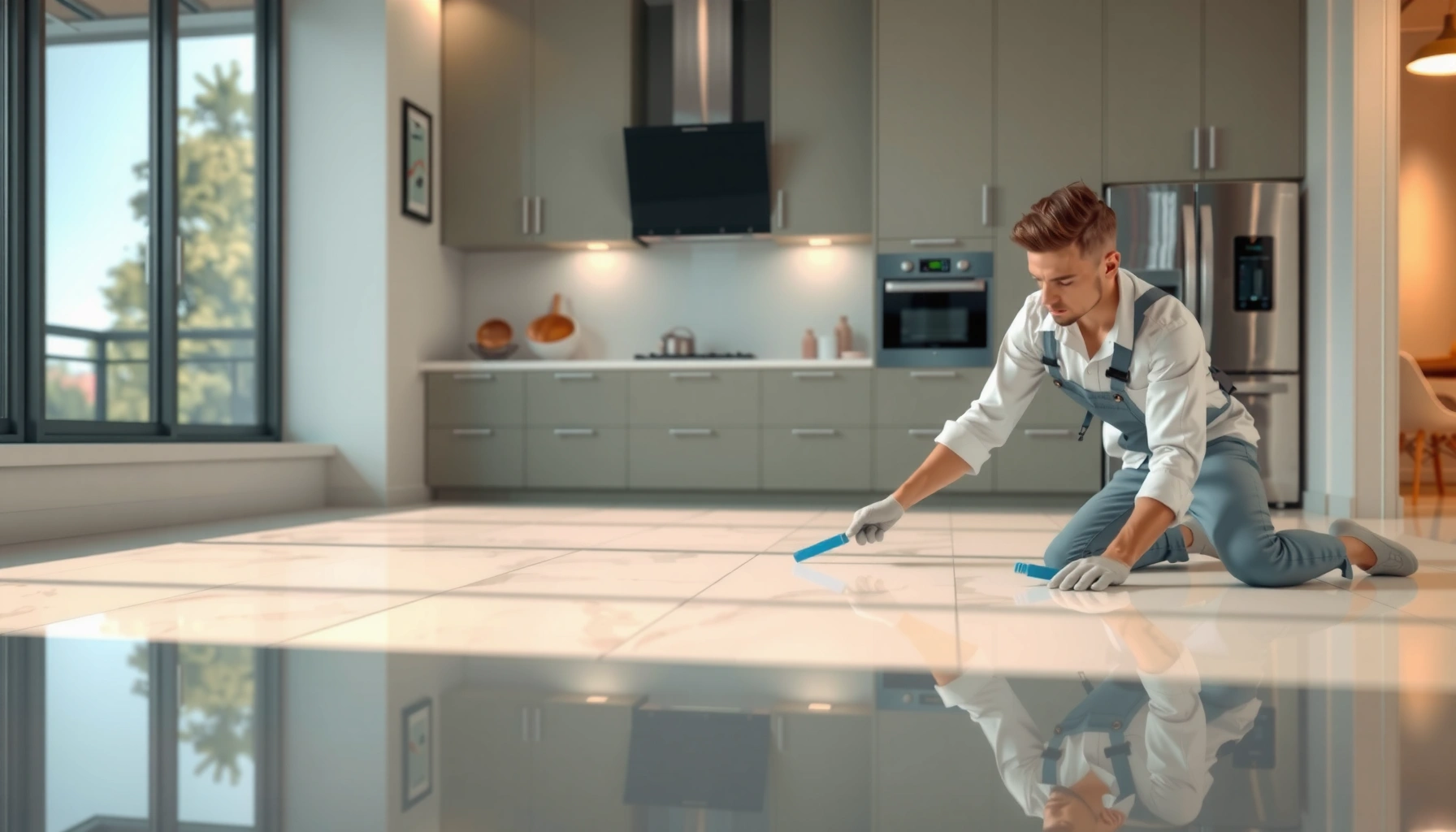 Step-by-step guide on how to install marble floors in a kitchen with tools and materials shown.