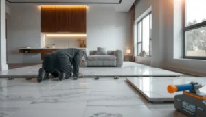 Step-by-step guide on how to install marble floors in a living room with tools and materials.