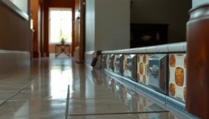 A step-by-step guide on how to install thresholds for mosaic tile floors with tools and materials shown.