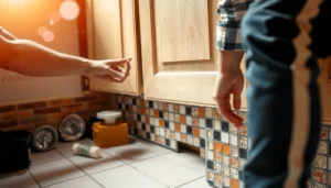 Step-by-step guide on installing mosaic tile floors around kitchen cabinets.