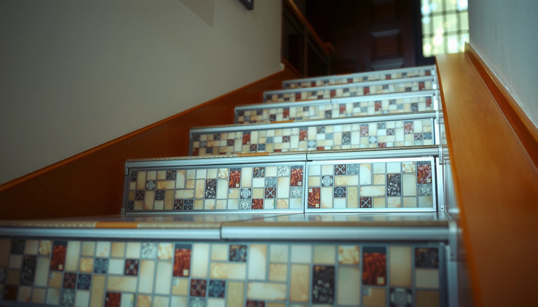 Step-by-step guide on how to install mosaic tile floors on stairs with tools and materials.