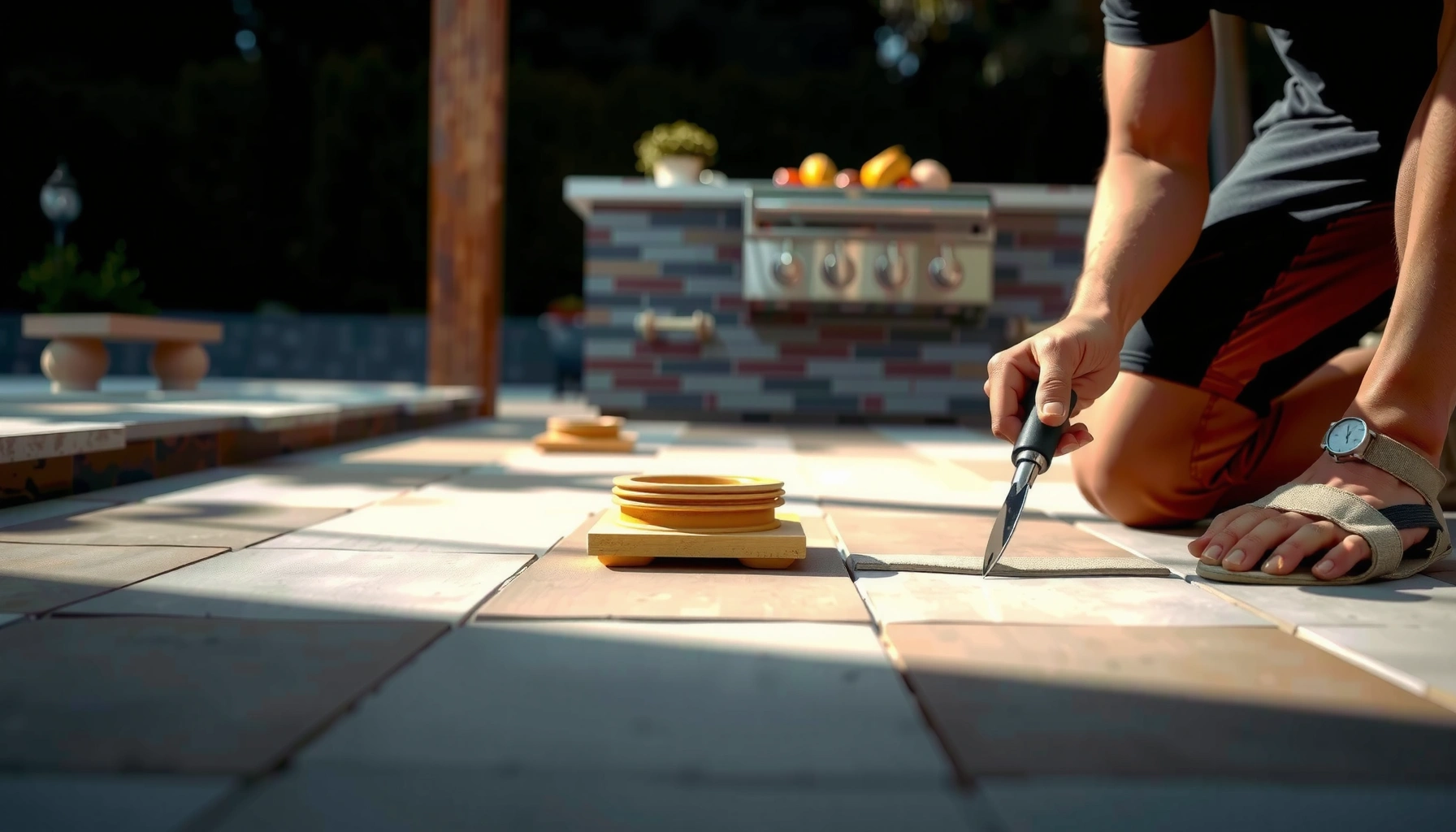 Step-by-step guide to installing outdoor kitchen floors with materials and tools needed.