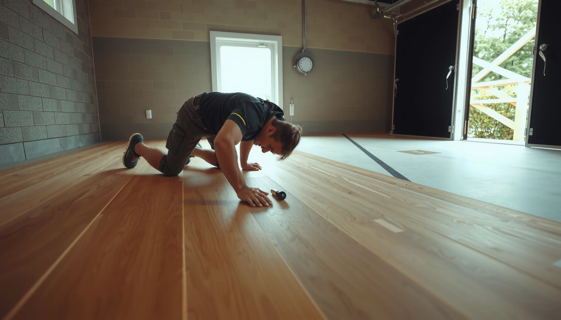 Step-by-step guide on how to install over plywood garage floors with tools and materials.