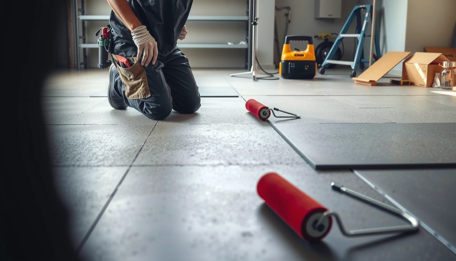 Step-by-step guide on how to install flooring over tile in a garage.